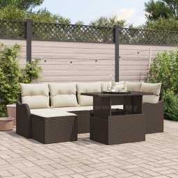 Set canapea gradina Gossi cu 7 piese si perne ratan polimer maro, canapea gradina Gossi pentru 2 persoane cu spatiu de depozitare & perne ratan polimer maro
