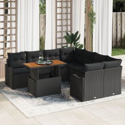 Set canapea gradina Gossi cu 9 piese si perne din ratan poli negru, canapea de gradina Gossi cu 2 locuri si depozitare & perne din ratan poli negru