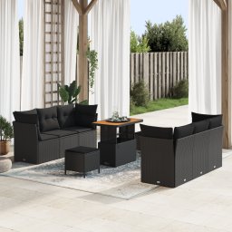Set canapea gradina Gossi cu 9 piese si perne din ratan polimer negru acacia, set dining gradina Gossi cu 3 piese si perne din ratan polimer negru acacia