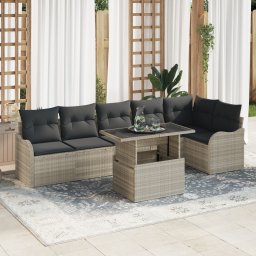 Set canapea gradina Gossi cu perne 7 piese gri deschis ratan poli, canapea gradina Gossi pentru 2 persoane cu depozitare si perne gri deschis din ratan poli