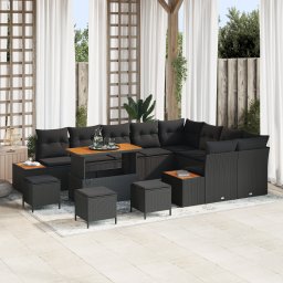 Set canapea gradina Gossi cu perne negre din ratan poli si acacia, canapea gradina Gossi cu spatiu depozitare si perne negre din ratan poli, set dining gradina Gossi cu 4 piese si perne negre din ratan poli si acacia