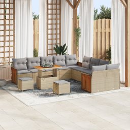 Set canapea gradina Gossi cu perne, bej, rattan poli, acacia, set dining gradina Gossi cu 3 piese si perne, bej, rattan poli, acacia