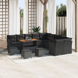 Set canapea gradina Gossi cu pernute 14 piese ratan polietilena neagra acacia, set dining gradina Gossi cu pernute 4 piese ratan polietilena neagra acacia