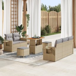 Set canapea gradina Gossi cu pernute bej ratan poli si acacia, set dining gradina Gossi cu pernute bej ratan poli si acacia