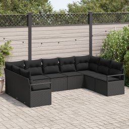 Set canapea gradina Gossi de 9 piese cu perne negre din ratan poli, canapea gradina Gossi de 2 locuri cu spatiu de stocare & perne negre din ratan poli