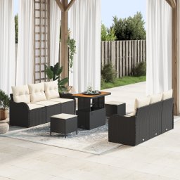 Set canapea pentru gradina de 9 piese cu perne, ratan polimer negru si acacia, canapea de gradina pentru 2 persoane cu spatiu de depozitare si perne, ratan polimer negru, set de cina pentru gradina de 3 piese cu perne, ratan polimer negru si acacia