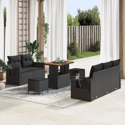 Set canapea pentru gradina Gossi cu 8 piese si perne black poly rattan acacia, set dining de gradina Gossi cu 3 piese si perne black poly rattan acacia