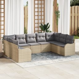 Set canapea pentru gradina Gossi cu 9 piese si perne bej din rattan polimeric, canapea pentru gradina Gossi cu 2 locuri si depozitare & perne bej din rattan polimeric