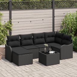 Set canapea pentru gradina Gossi din 7 piese cu perne, ratan poliester bej, canapea pentru gradina Gossi cu 2 locuri cu depozitare si perne, ratan poliester negru
