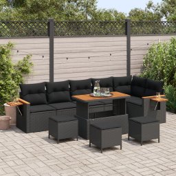 Set canapele gradina 9 piese cu perne rattan poli negru acacia, set mese gradina 3 piese cu perne rattan poli negru acacia