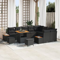 Set canapele gradina Gossi 12 piese cu pernute negru ratan poli acacia, canapea gradina Gossi 2 locuri cu spatiu depozitare si pernute negru ratan poli, set dining gradina Gossi 3 piese cu pernute negru ratan poli acacia
