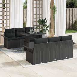 Set canapele gradina Gossi 7 piese negru ratan poli, canapea gradina 2 persoane cu depozitare si perne negru ratan poli