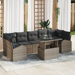 Set canapele gradina Gossi 8 piese cu perne gri din ratan poli, canapea gradina Gossi 2 locuri cu depozitare si perne gri din ratan poli