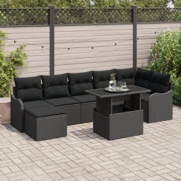 Set canapele gradina Gossi 8 piese perne ratan poli negru, canapea gradina Gossi 2 locuri perne ratan poli negru