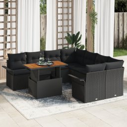Set canapele gradina Gossi 9 piese cu perne negru ratan poli, canapea gradina Gossi 2 locuri cu depozitare si perne negru ratan poli