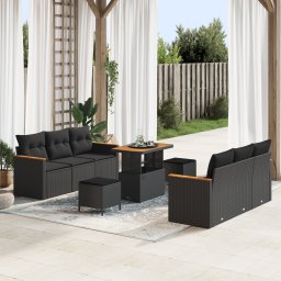 Set canapele gradina Gossi 9 piese cu perne negru ratan polimeric acacia, set dining gradina Gossi 3 piese cu perne negru ratan polimeric acacia