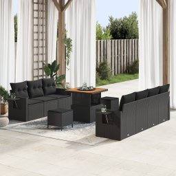 Set de 10 piese sofa de gradina cu pernute negru ratan poly acacia, set de 3 piese masa de gradina cu pernute negru ratan poly acacia