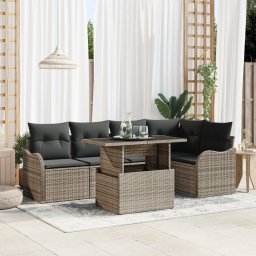 Set de 6 piese de sofa de gradina cu perne gri din ratan poli, sofa de gradina cu 2 locuri cu spatiu de depozitare si perne gri din ratan poli