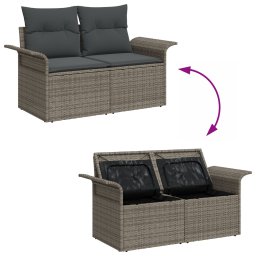 Set de 6 piese pentru gradina cu perne ratan gri, sofa pentru gradina cu 2 locuri cu spatiu de stocare & perne ratan gri