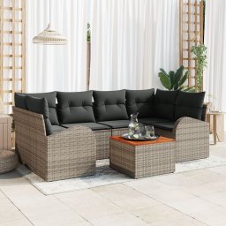 Set de 7 piese canapea gradina cu perne gri ratan poli acacia, canapea pentru gradina cu incarcare si perne gri ratan poli