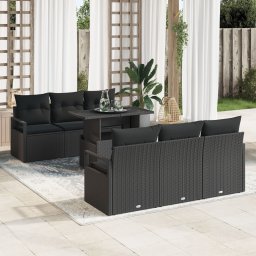 Set de 7 piese pentru gradina cu pernute ratan poli negru Gossi, canapea pentru gradina cu 2 locuri cu spatiu de depozitare & pernute ratan poli negru Gossi