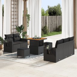 Set de 8 piese canapea gradina cu perne neagra ratan polimer acacia, set de 3 piese canapea gradina cu perne neagra ratan polimer acacia