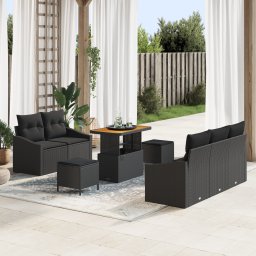 Set de 8 piese de sofa pentru gradina cu perne negru ratan poliesteric acacia, sofa de gradina cu 2 locuri si spatiu de depozitare & perne negru ratan poliesteric, set de dining pentru gradina cu 3 piese cu perne negru ratan poliesteric acacia