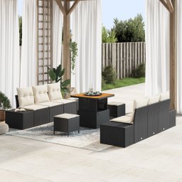 Set de 9 piese pentru gradina cu perne negre din ratan si acacia, sofa de gradina cu 2 locuri, cu depozit si perne negre din ratan, set de dining pentru gradina cu 3 piese, cu perne negre din ratan si acacia