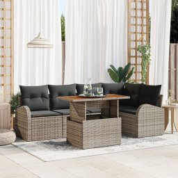 Set de canape de gradina Gossi cu 6 piese cu perne gri din ratan polimer, canapea de gradina Gossi pentru 2 persoane cu spatiu de depozitare & perne gri din ratan polimer