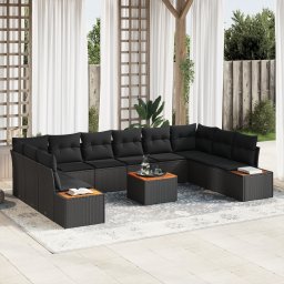 Set de canapea de gradina cu 11 piese si perne ratan poli negru acacia, canapea de gradina cu 2 locuri si depozitare & perne ratan poli negru