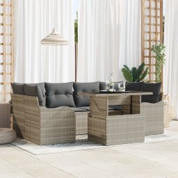 Set de canapea de gradina cu 7 piese si pernute gri deschis din poli ratan, canapea de gradina cu 2 locuri cu stocare si pernute gri deschis din poli ratan
