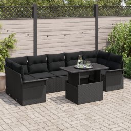 Set de canapea de gradina cu 8 piese si perne negru ratan poli, canapea de gradina de 2 locuri cu spatiu de stocare & perne negru ratan poli