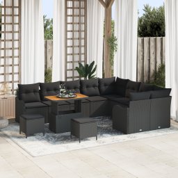 Set de canapea de gradina Gossi 12 piese cu perne negru poli ratan acacia, set de canapea gradina Gossi 2 locuri cu depozitare si perne negru poli ratan, set de dining pentru gradina Gossi 3 piese cu perne negru poli ratan acacia