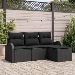 Set de canapea de gradina Gossi 4 piese cu perne negru din poli ratan, canapea de gradina Gossi cu 2 locuri cu depozitare si perne negru din poli ratan