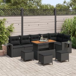 Set de canapea de gradina Gossi 9 piese cu perne negru poliratan acacia, set de masa de gradina Gossi 3 piese cu perne negru poliratan acacia