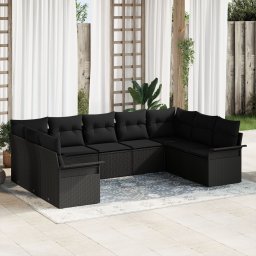 Set de canapea de gradina Gossi 9 piese cu perne negru ratan poli, canapea de gradina Gossi 2 locuri cu depozitare si perne negru ratan poli
