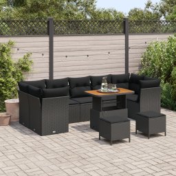 Set de canapea de gradina Gossi cu 10 piese si perne negru ratan poliester acacia, set de dining de gradina Gossi cu 3 piese si perne negru ratan poliester acacia