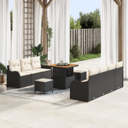 Set de canapea de gradina Gossi cu 10 piese si perne ratan negru acacia, canapea de gradina Gossi cu 2 locuri si perne ratan negru, set de dining pentru gradina Gossi cu 3 piese si perne ratan negru acacia