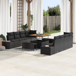 Set de canapea de gradina Gossi cu 11 piese si perne negru rattan sintetic acacia, canapea de gradina Gossi cu 2 locuri cu depozitare si perne negru rattan sintetic, set de dining de gradina Gossi cu 3 piese si perne negru rattan sintetic acacia