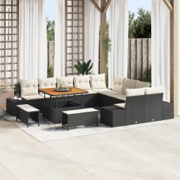 Set de canapea de gradina Gossi cu 13 piese si perne negru ratan poliester, canapea de gradina Gossi cu 2 locuri si perne negru ratan poliester, set de dining de gradina Gossi cu 3 piese si perne negru ratan poliester