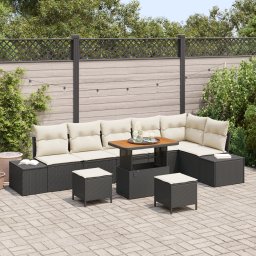 Set de canapea de gradina Gossi cu 9 piese cu perne negru ratan poliratan, canapea de gradina Gossi cu 2 locuri cu depozitare si perne negru ratan poliratan, set de dining de gradina cu 3 piese cu perne negru ratan poliratan