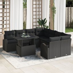 Set de canapea de gradina Gossi cu 9 piese cu pernute din ratan poli negru, canapea de gradina Gossi cu 2 locuri cu spatiu de depozitare & pernute din ratan poli negru