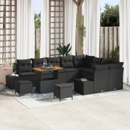 Set de canapea de gradina Gossi cu pernite negru ratan poli acacia, canapea de gradina Gossi pentru 2 persoane cu spatiu & pernite negru ratan poli, set de dining de gradina Gossi cu 3 piese cu pernite negru ratan poli acacia