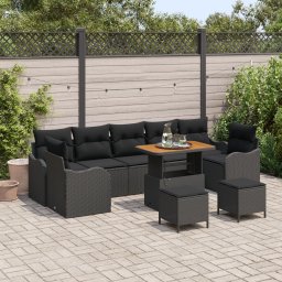 Set de canapea de gradina Gossi cu pernute negru ratan poly, canapea de gradina Gossi cu 2 locuri si spatiu de depozitare & pernute negre, set de dining de gradina Gossi cu 3 piese si pernute negre ratan poly