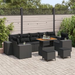 Set de canapea gradina Gossi cu 10 piese si perne ratan negru acacia, set de dining gradina Gossi cu 3 piese si perne ratan negru acacia