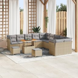Set de canapea gradina Gossi cu 13 piese cu perne bej ratan poli acacia, set de dining gradina Gossi cu 3 piese cu perne bej ratan poli acacia