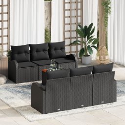 Set de canapea gradina Gossi cu perne 7 piese ratan poliester negru acacia, canapea gradina Gossi cu 2 locuri si spatiu de depozitare & perne ratan poliester negru
