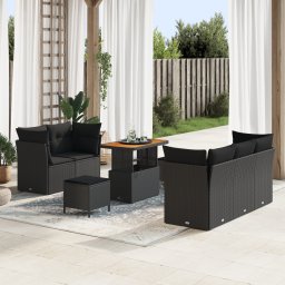 Set de canapea gradina Gossi cu perne negru ratan poli acacia, set de dining gradina Gossi cu perne negru ratan poli acacia