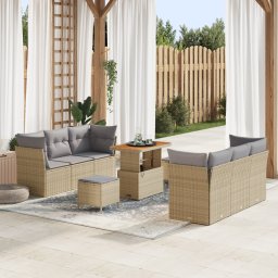 Set de canapea modulara de 9 piese pentru gradina cu perne bej poli ratan acacia, set de dining pentru gradina de 3 piese cu perne bej poli ratan acacia