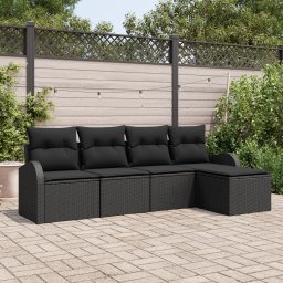 Set de canapea pentru gradina de 5 piese cu perne negru ratan polimer, canapea de gradina pentru 2 persoane cu depozitare si perne negru ratan polimer